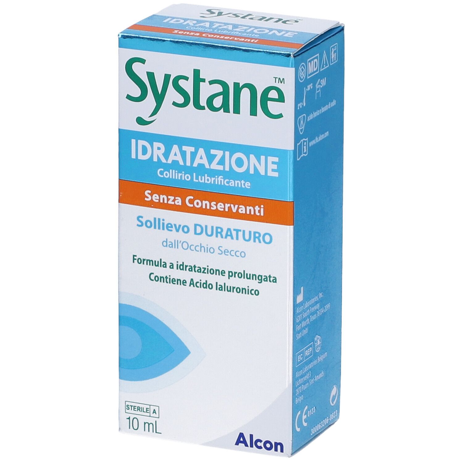 Scatola blu e bianca. Scritto: Systane, Idratatione, senza conservanti. Contiene acido ialuronico. 10 ml.