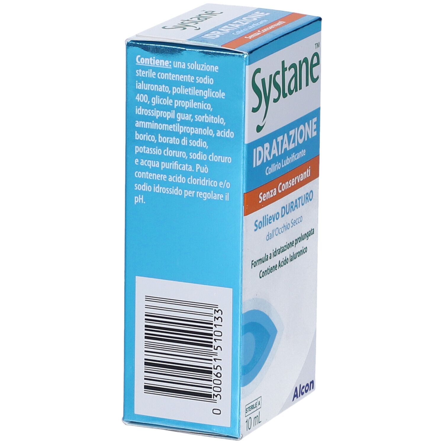 Scatola blu. Contiene: sodio ialuronato, polietilenglicole, ecc. Codice a barre e testo. Logo Alcon. 10 ml.