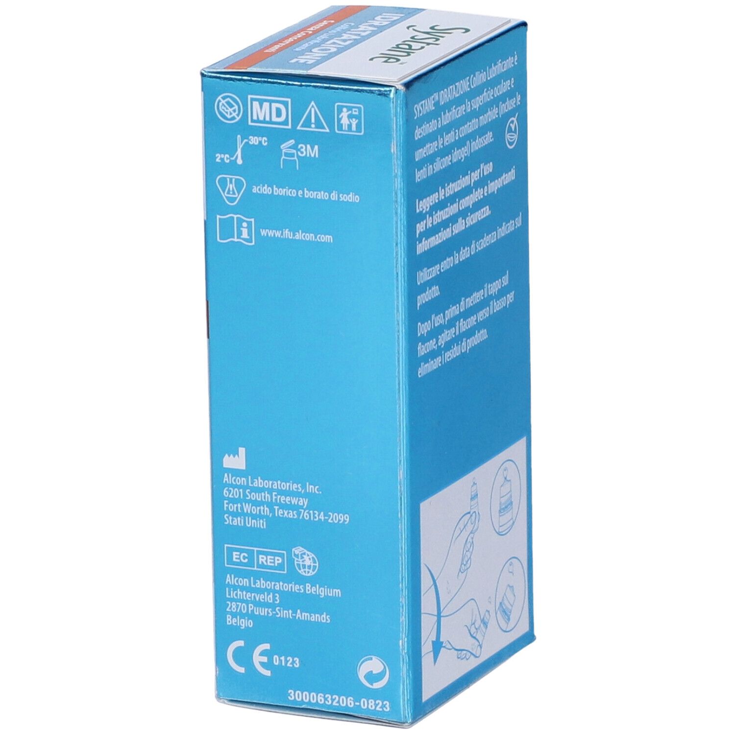 Scatola blu. Testo: Systane Idratatione. Informazioni produttore. Marchio CE. Illustrazioni.