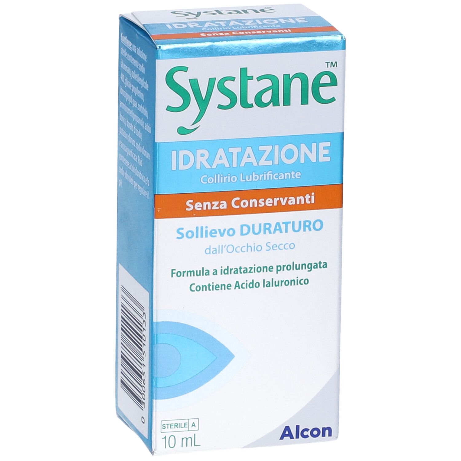 Scatola blu. Scritto: Systane, Idratatione, senza conservanti. Contiene acido ialuronico. 10 ml.