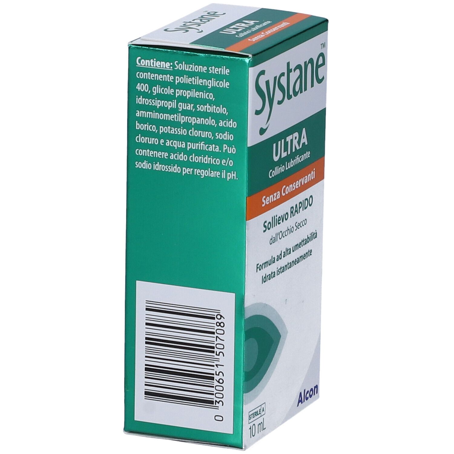 Vista laterale della scatola di Systane™ ULTRA Collirio. Testo: ingredienti, codice a barre. Design verde e bianco. 10 ml.