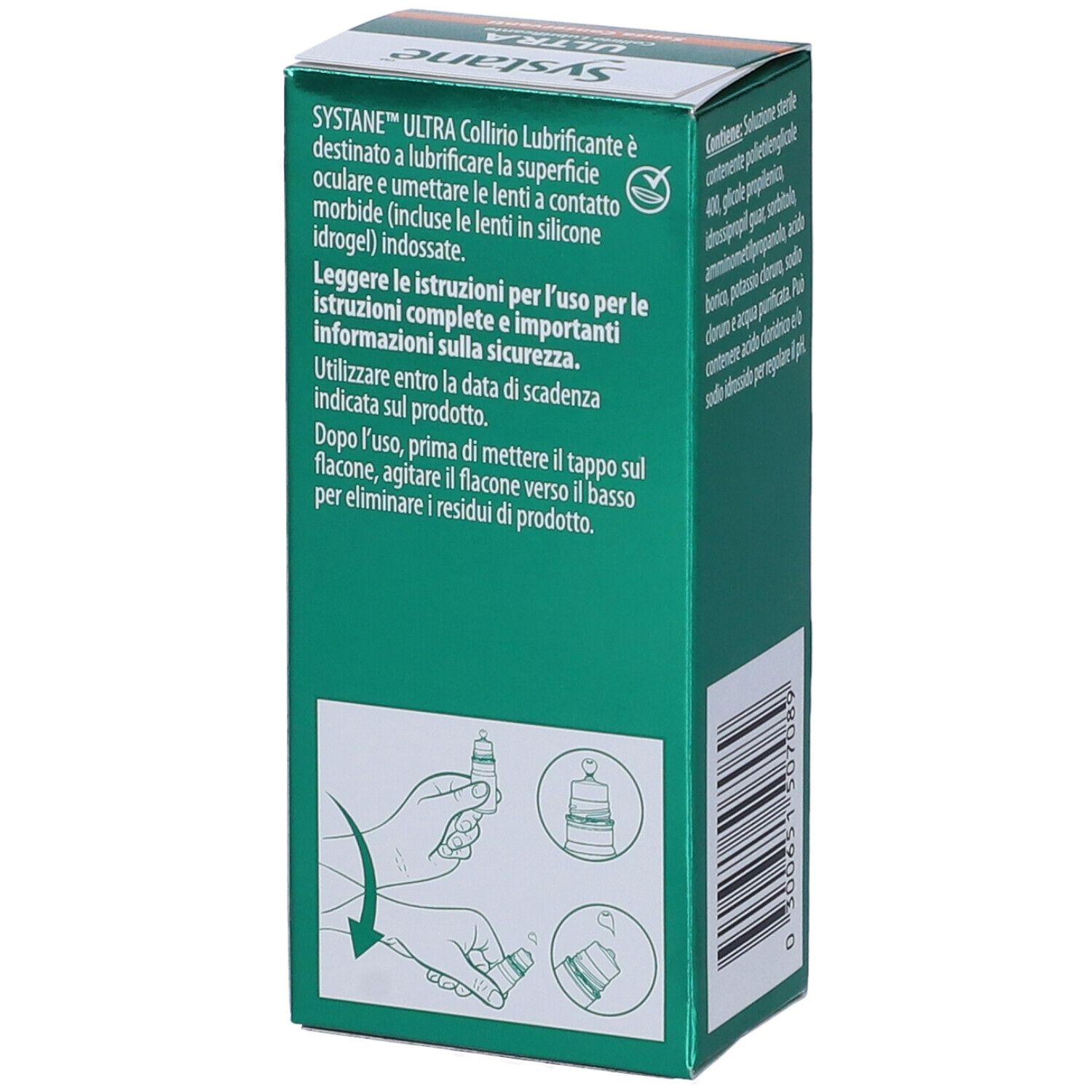 Retro della scatola di Systane™ ULTRA Collirio. Testo: istruzioni per l'uso, illustrazioni. Design verde e bianco.