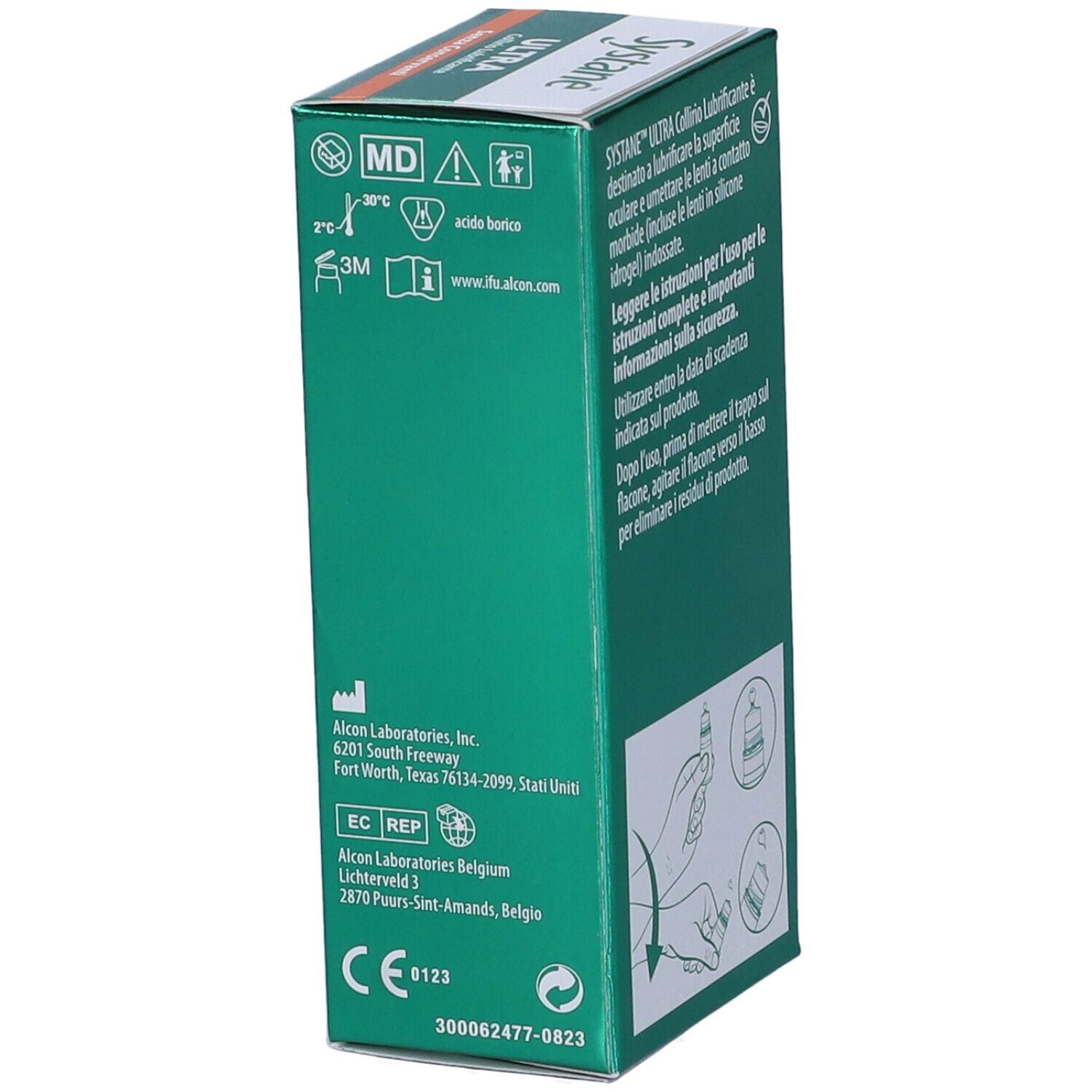 Vista laterale della scatola di Systane™ ULTRA Collirio. Testo: informazioni del produttore, marchio CE. Design verde e bianco.