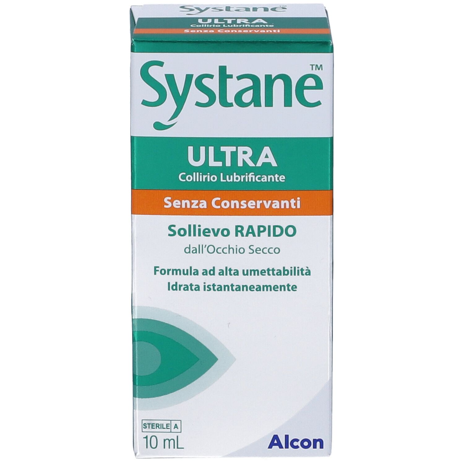 Scatola di Systane™ ULTRA Collirio. Design verde e bianco. Testo: ULTRA, senza conservanti, sollievo rapido per occhi secchi. 10 ml.