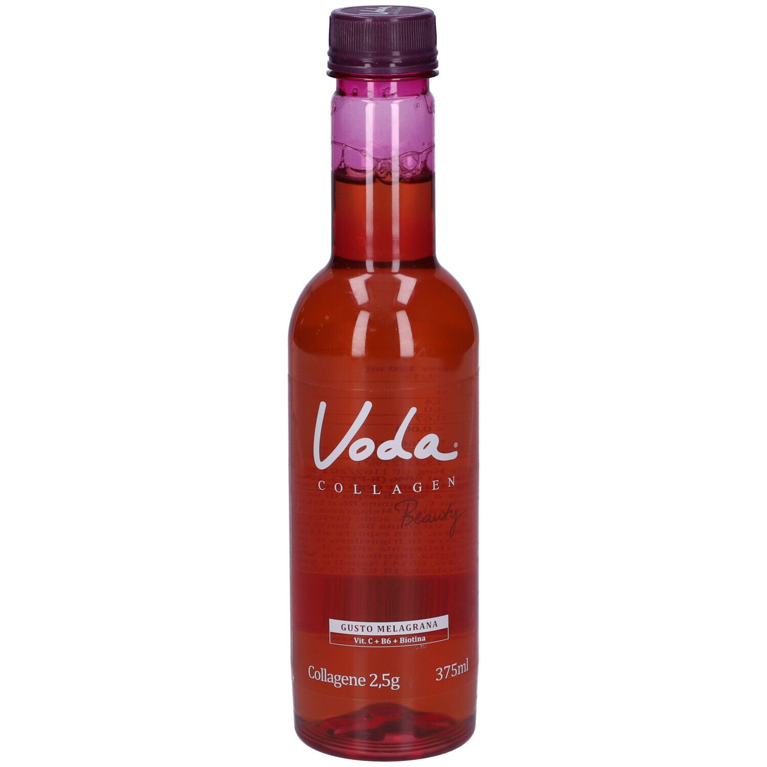 Bottiglia rossa con tappo viola. Voda Collagen Beauty, gusto melograno. 375ml.