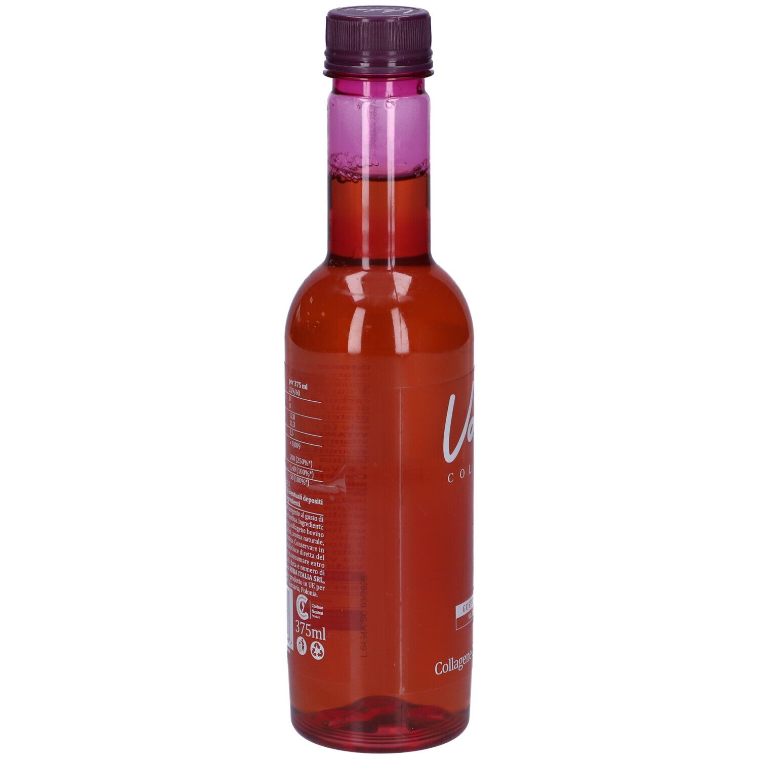 Bottiglia rossa con tappo viola. Retro con testo. 375ml.