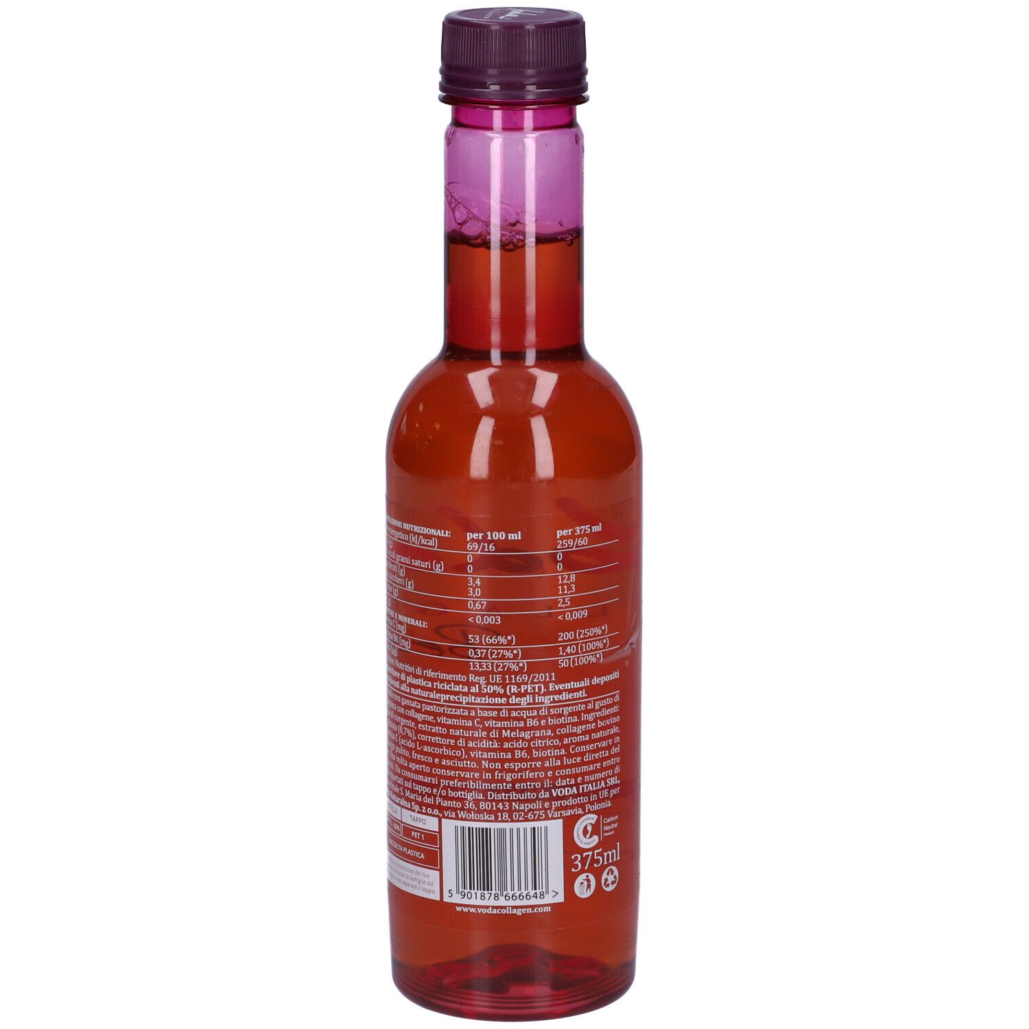 Bottiglia rossa con tappo viola. Retro con informazioni nutrizionali. 375ml.