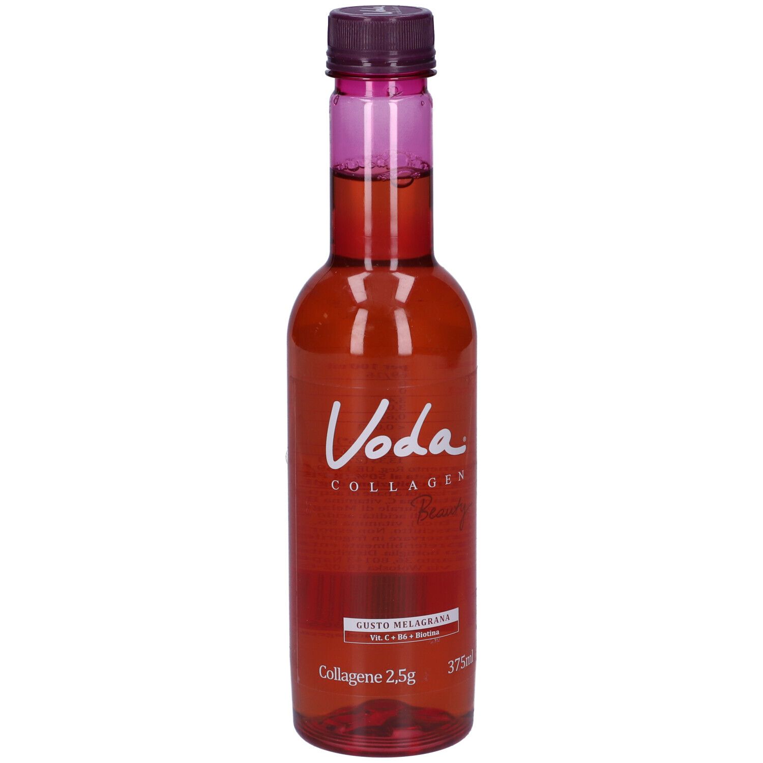 Bottiglia rossa con tappo viola. Voda Collagen Beauty, gusto melograno. 375ml.