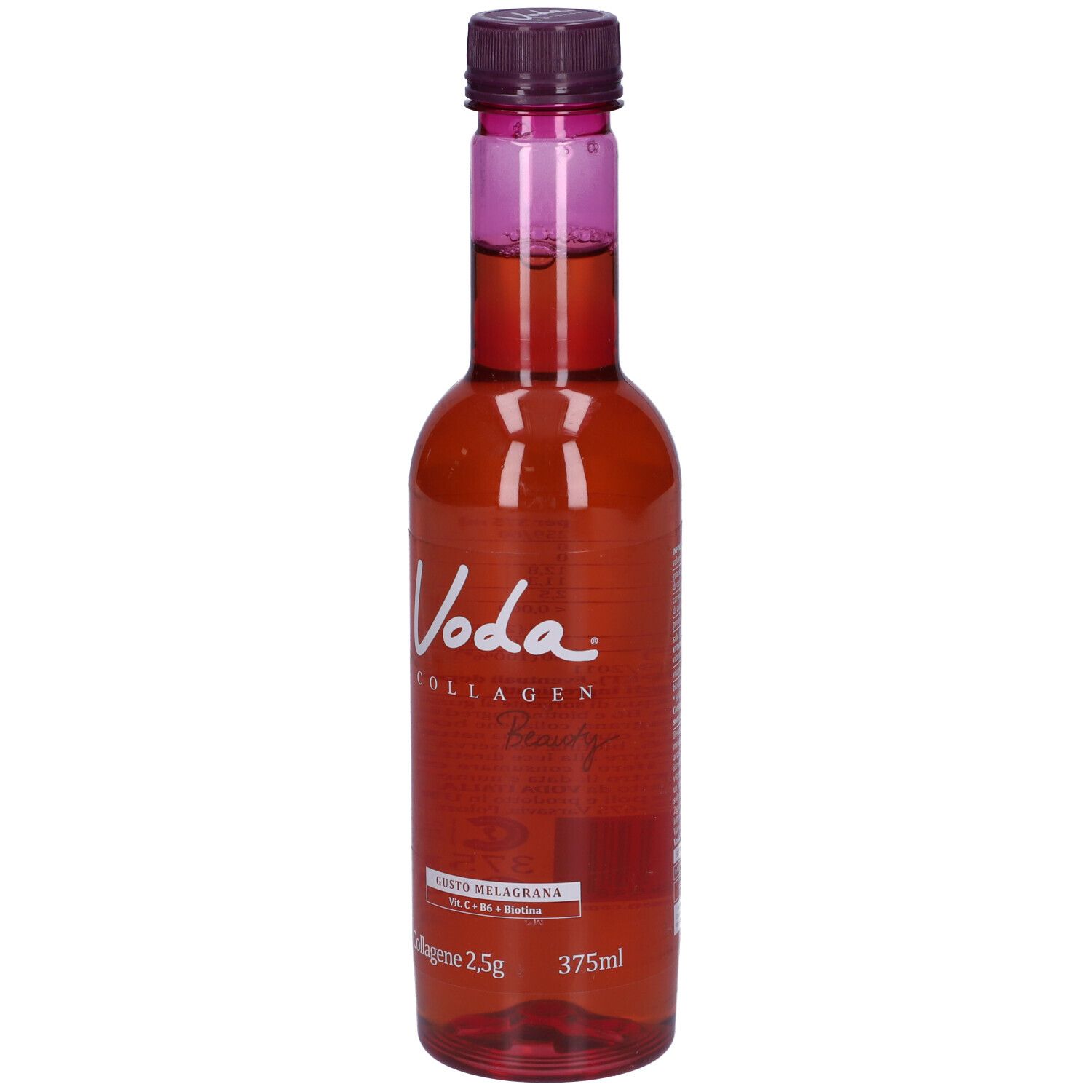 Bottiglia rossa con tappo viola. Voda Collagen Beauty, gusto melograno. 375ml.