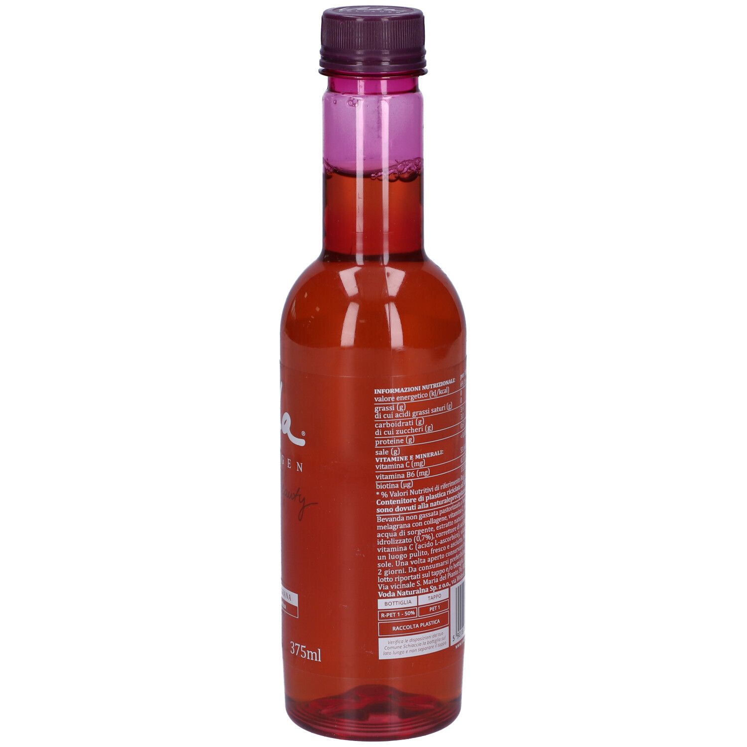 Bottiglia rossa con tappo viola. Retro con testo e informazioni nutrizionali. 375ml.
