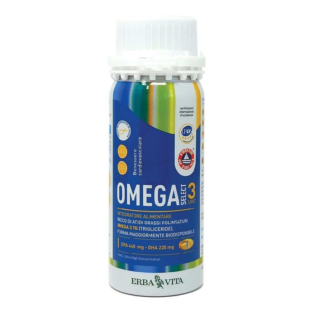 Flacone Erba Vita Omega 3 Select UHC. Tappo bianco. Etichette blu, gialle e verdi. Testo: Omega 3, EPA 440 mg - DHA 220 mg.
