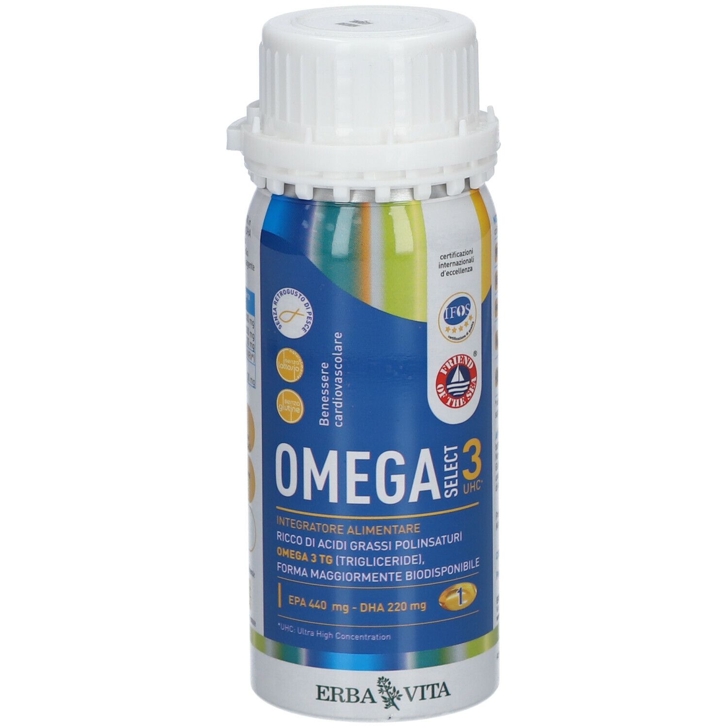 Flacone Erba Vita Omega 3 Select UHC. Tappo bianco. Etichette blu, gialle e verdi. Testo: Omega 3, EPA 440 mg - DHA 220 mg.