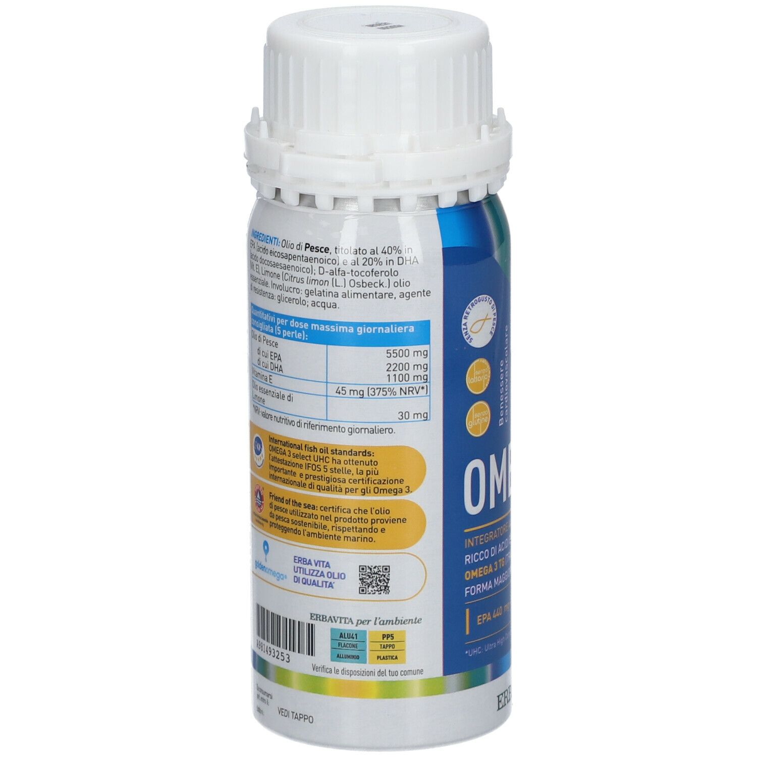 Retro del flacone Erba Vita Omega 3 Select UHC. Testo: ingredienti, dose giornaliera raccomandata, certificazioni. Etichetta informativa.