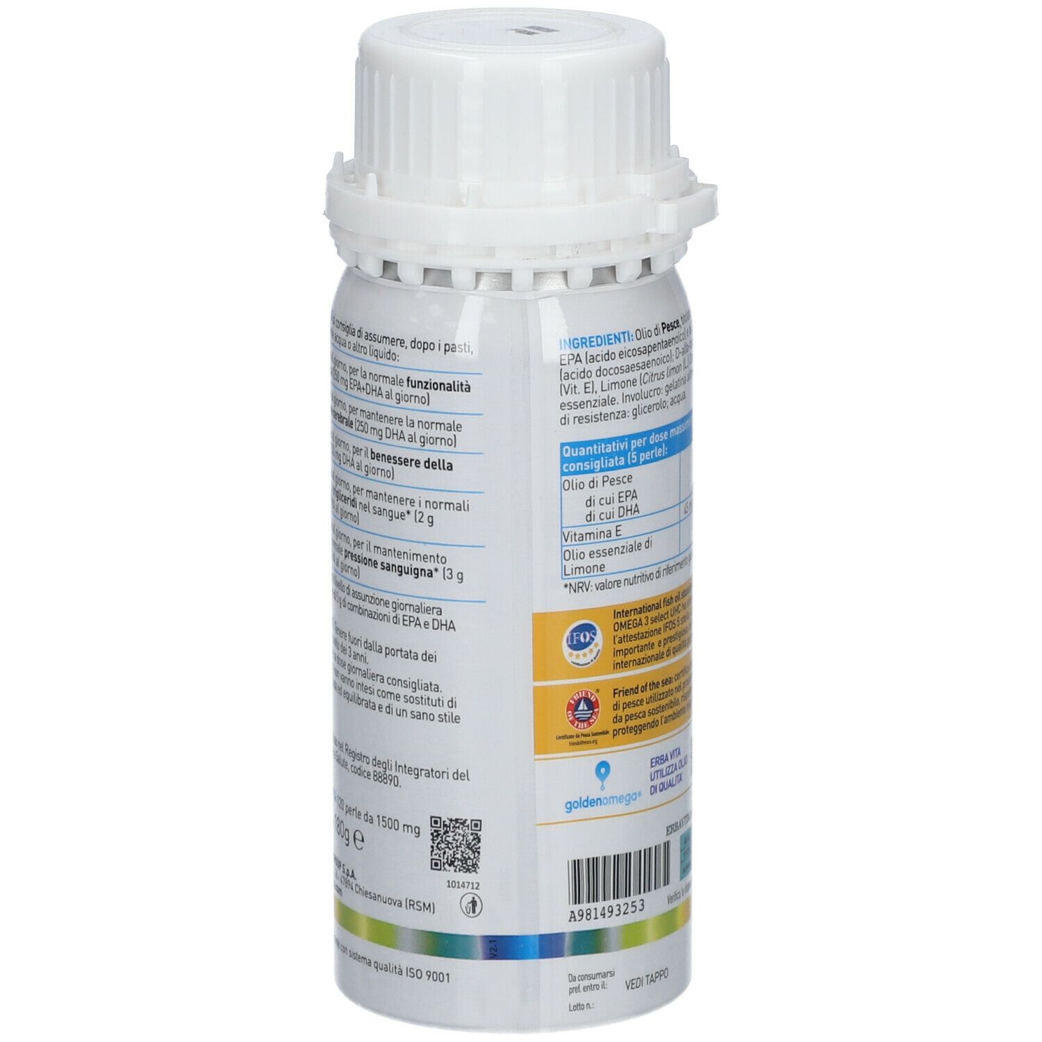 Retro del flacone Erba Vita Omega 3 Select UHC. Testo: ingredienti, dose giornaliera raccomandata, certificazioni. Etichetta informativa.