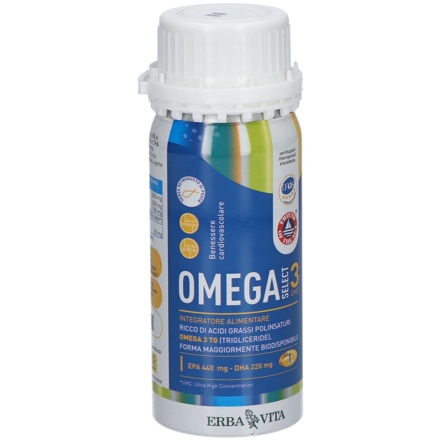 Flacone Erba Vita Omega 3 Select UHC. Tappo bianco. Etichette blu, gialle e verdi. Testo: Omega 3, EPA 440 mg - DHA 220 mg.