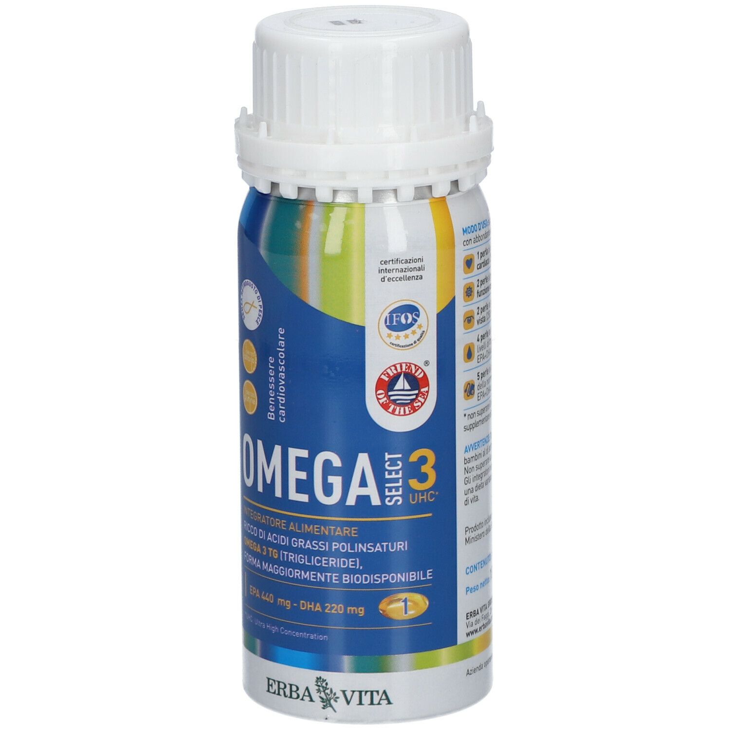 Flacone Erba Vita Omega 3 Select UHC. Tappo bianco. Etichette blu, gialle e verdi. Testo: Omega 3, EPA 440 mg - DHA 220 mg.