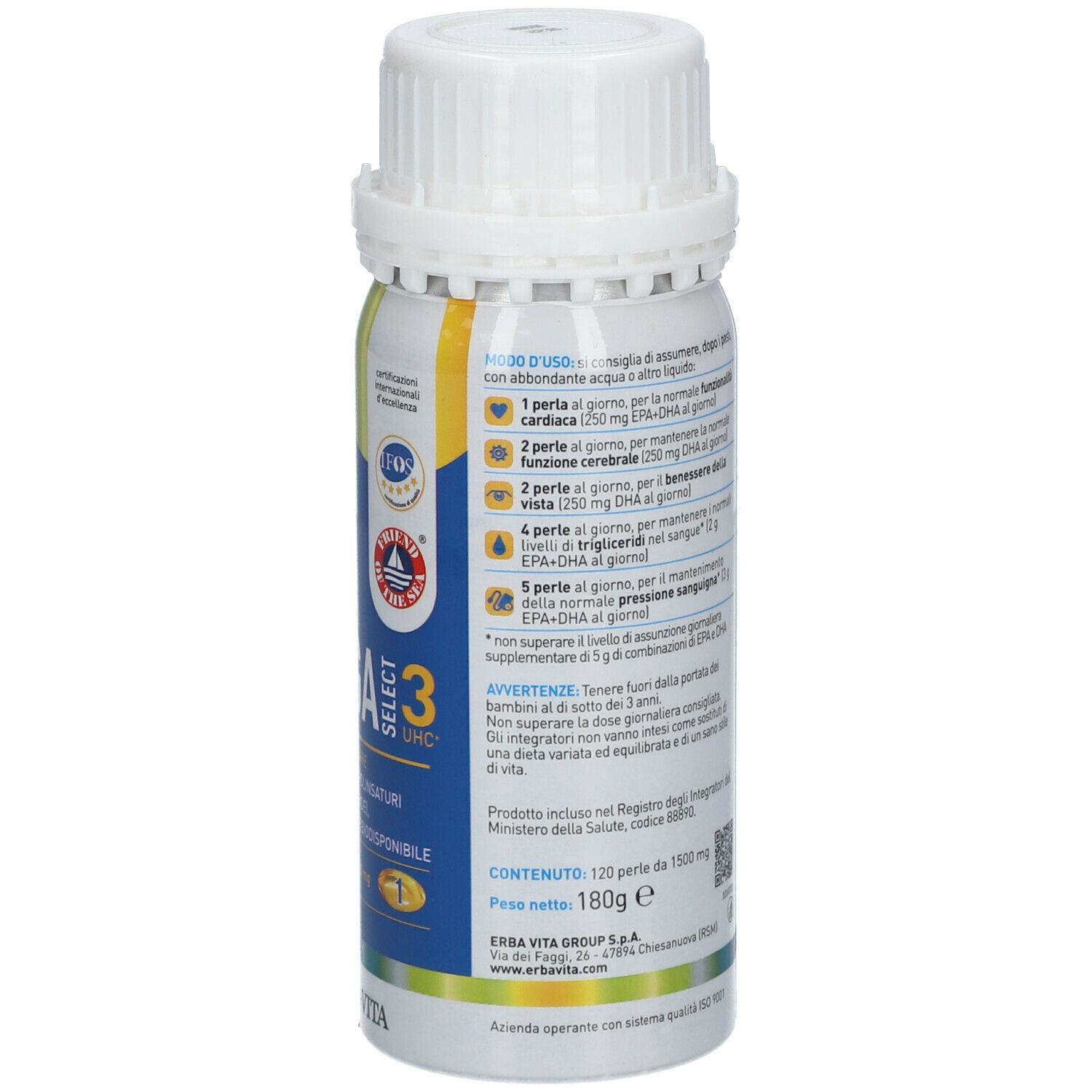 Flacone Erba Vita Omega 3 Select UHC. Tappo bianco. Etichette blu, gialle e verdi. Testo: Omega 3, EPA 440 mg - DHA 220 mg. 120 perle.