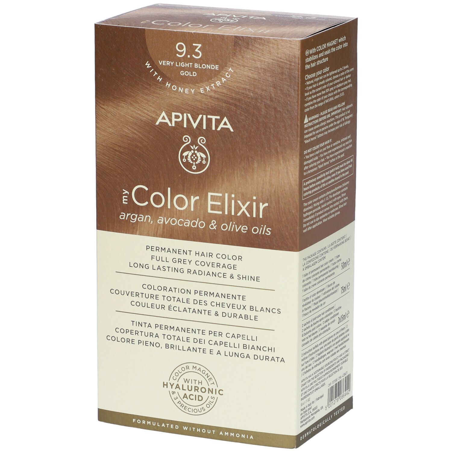 Scatola di tinta per capelli APIVITA eColor Elixir 9.3 biondo chiarissimo dorato. Contiene oli di argan, avocado e oliva.