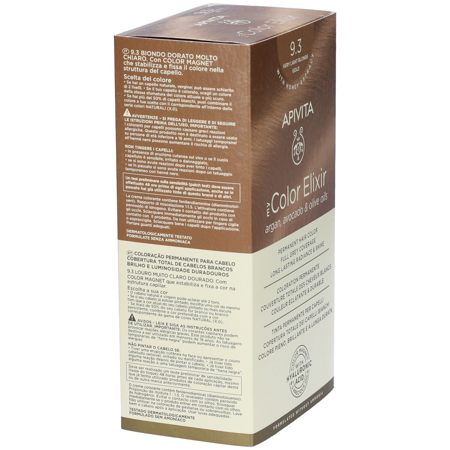Retro della scatola di tinta per capelli. Testo in tedesco, italiano, francese. Informazioni sull'uso e sugli ingredienti.