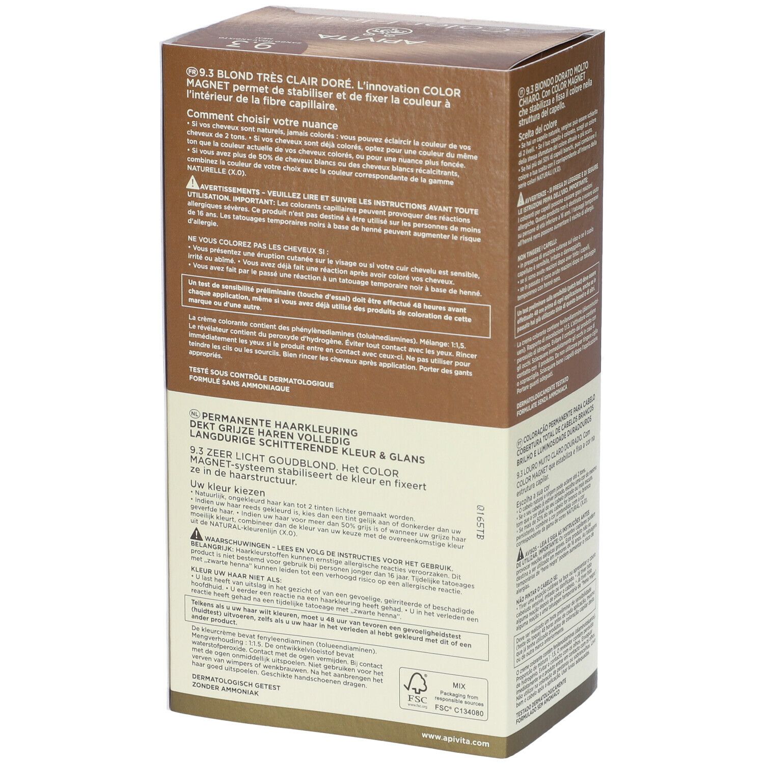 Lato della scatola di tinta per capelli. Testo in tedesco, francese, olandese. Informazioni sull'uso e sugli ingredienti.