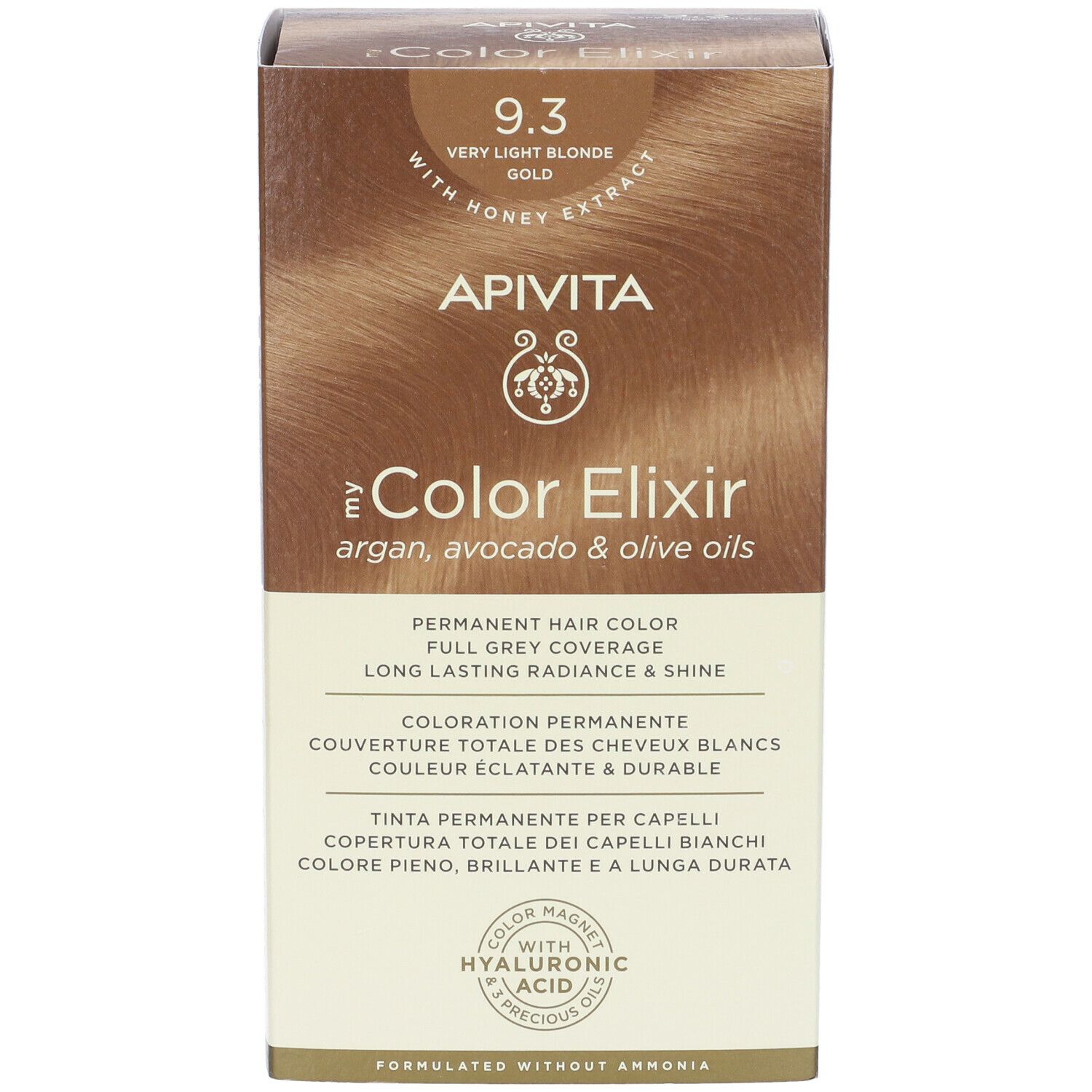 Fronte della scatola di tinta per capelli. Scritta: APIVITA, eColor Elixir, 9.3 biondo chiarissimo dorato. Contiene oli.