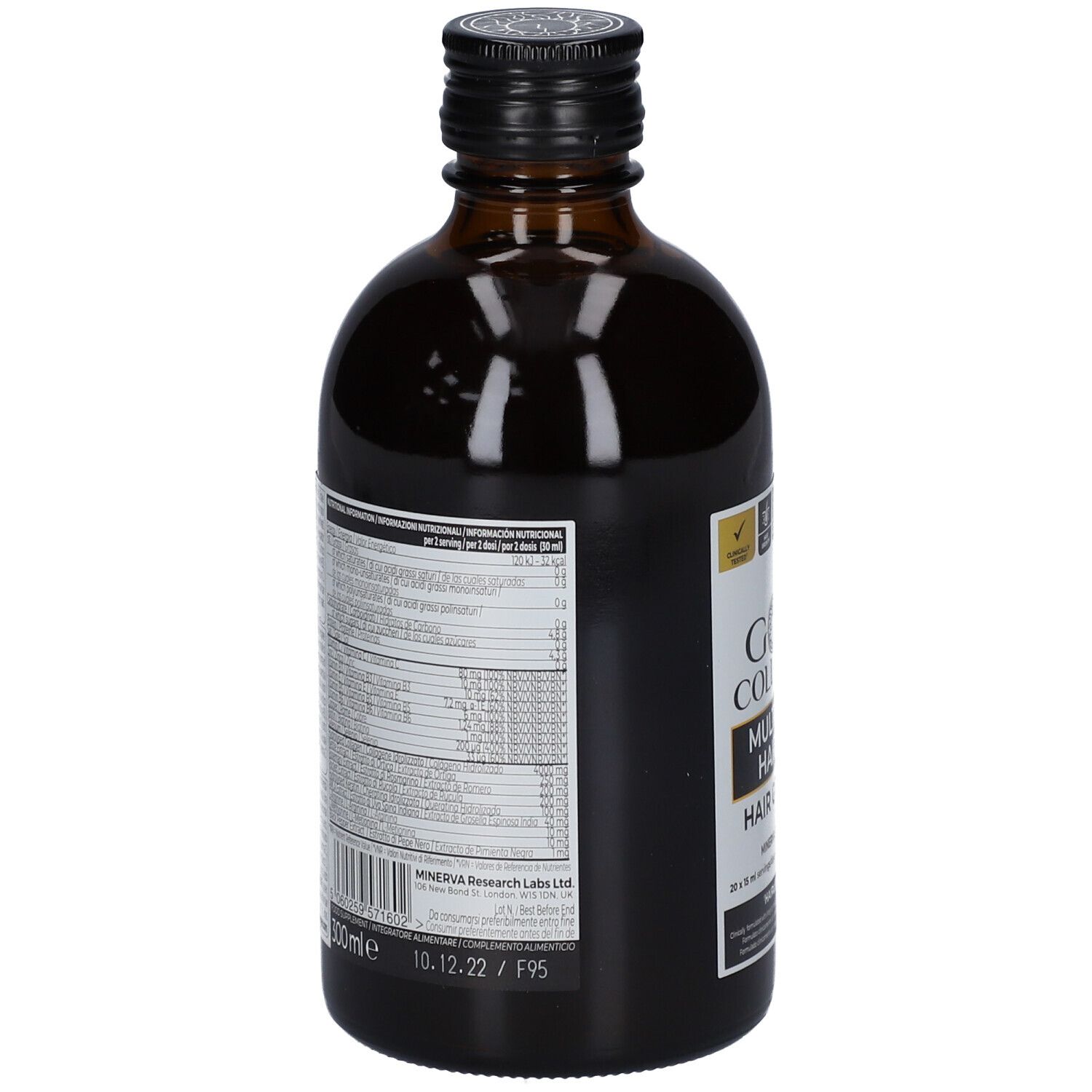 Braune Glasflasche mit schwarzem Verschluss. Rückseite mit Informationen. 300 ml. Mindesthaltbarkeitsdatum: 10.12.22.
