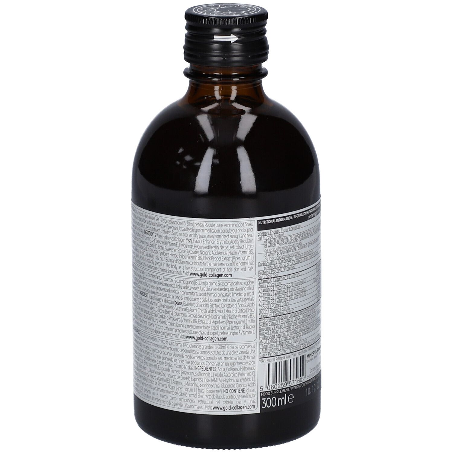 Braune Glasflasche mit schwarzem Verschluss. Rückseite mit Text. Volumen: 300ml. Herstellerinformationen.