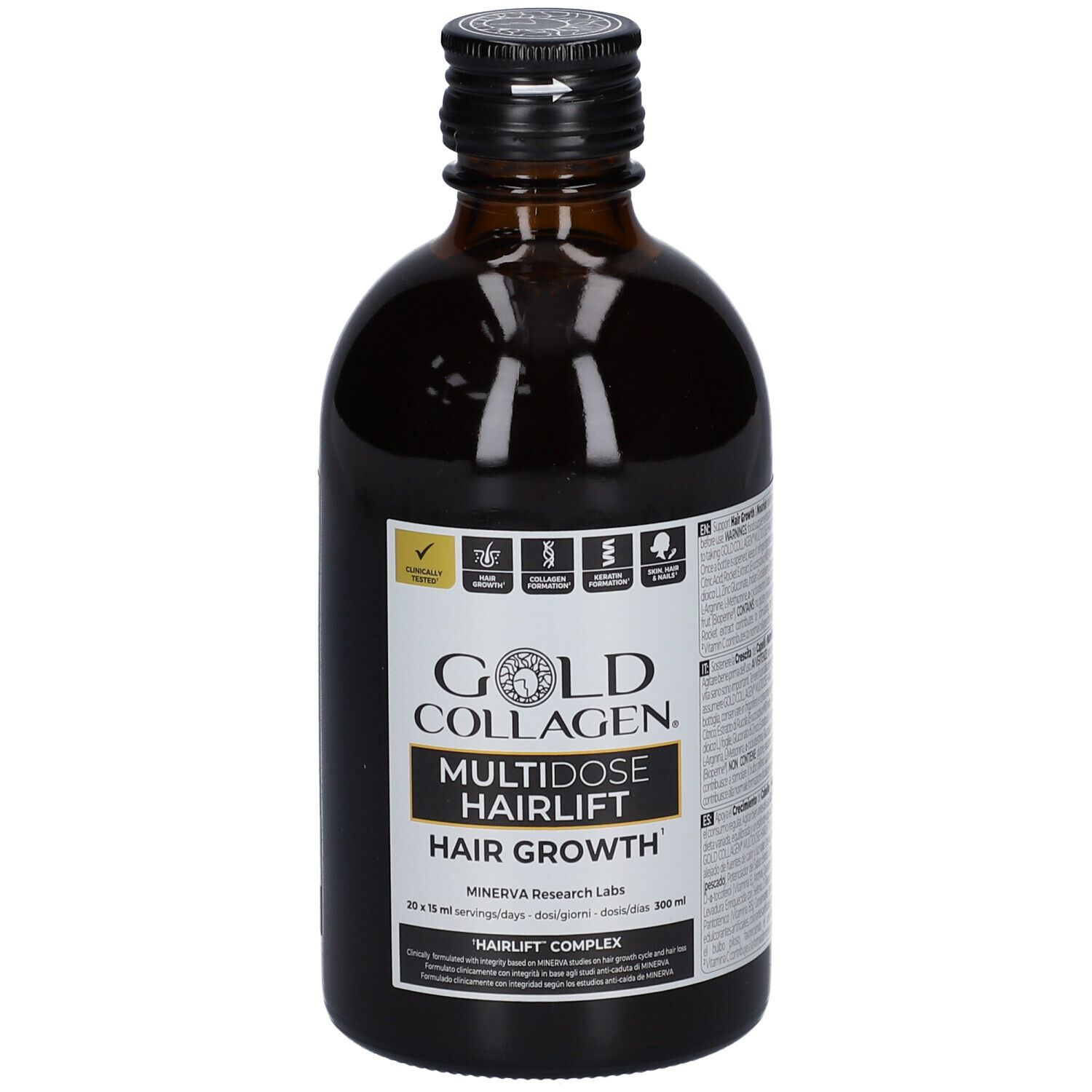 Braune Glasflasche mit schwarzem Verschluss. Aufschrift: Gold Collagen Multidose Hairlift Hair Growth. 300 ml.