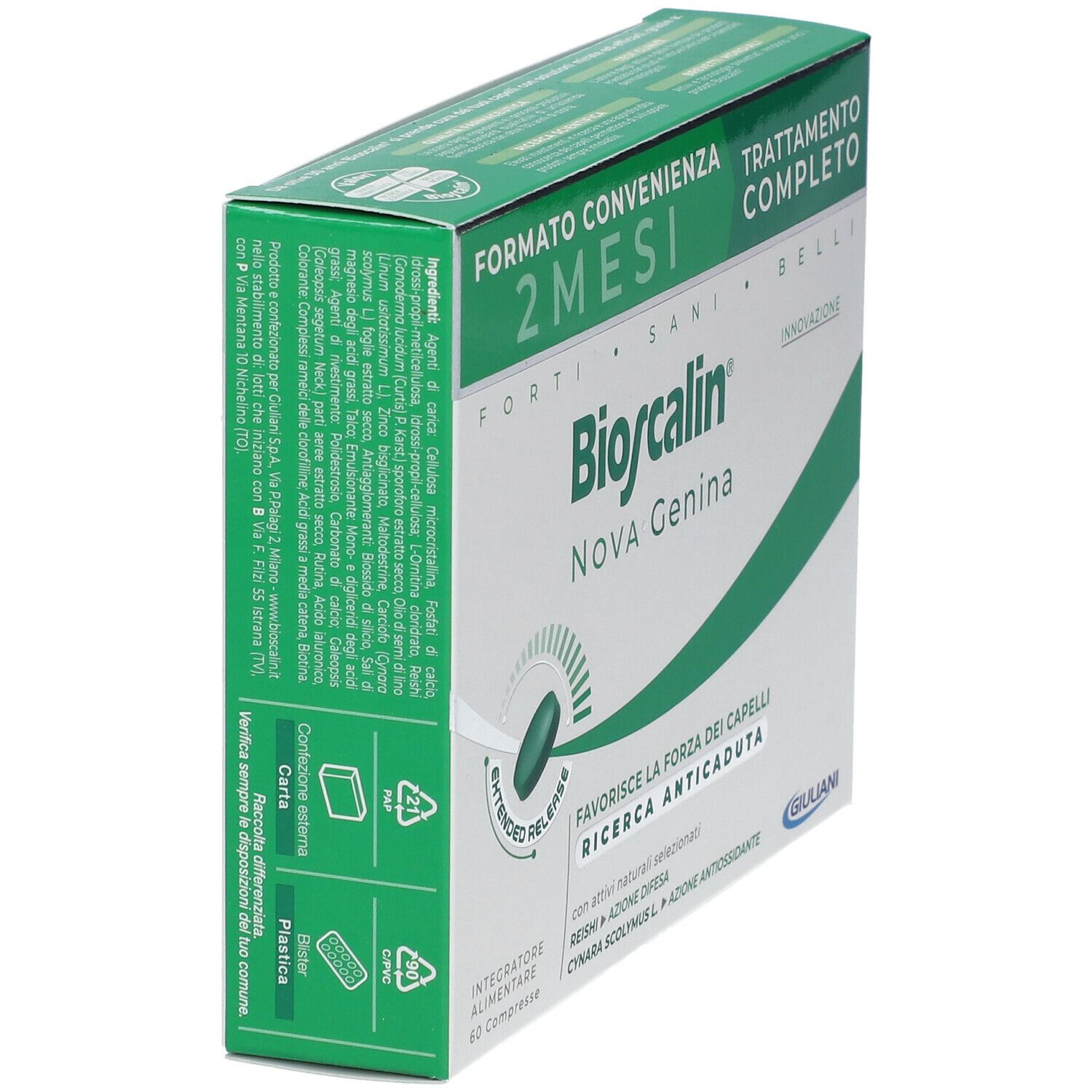 Scatola Bioscalin Nova Genina. 60 compresse. Confezione verde e bianca. Vista laterale.
