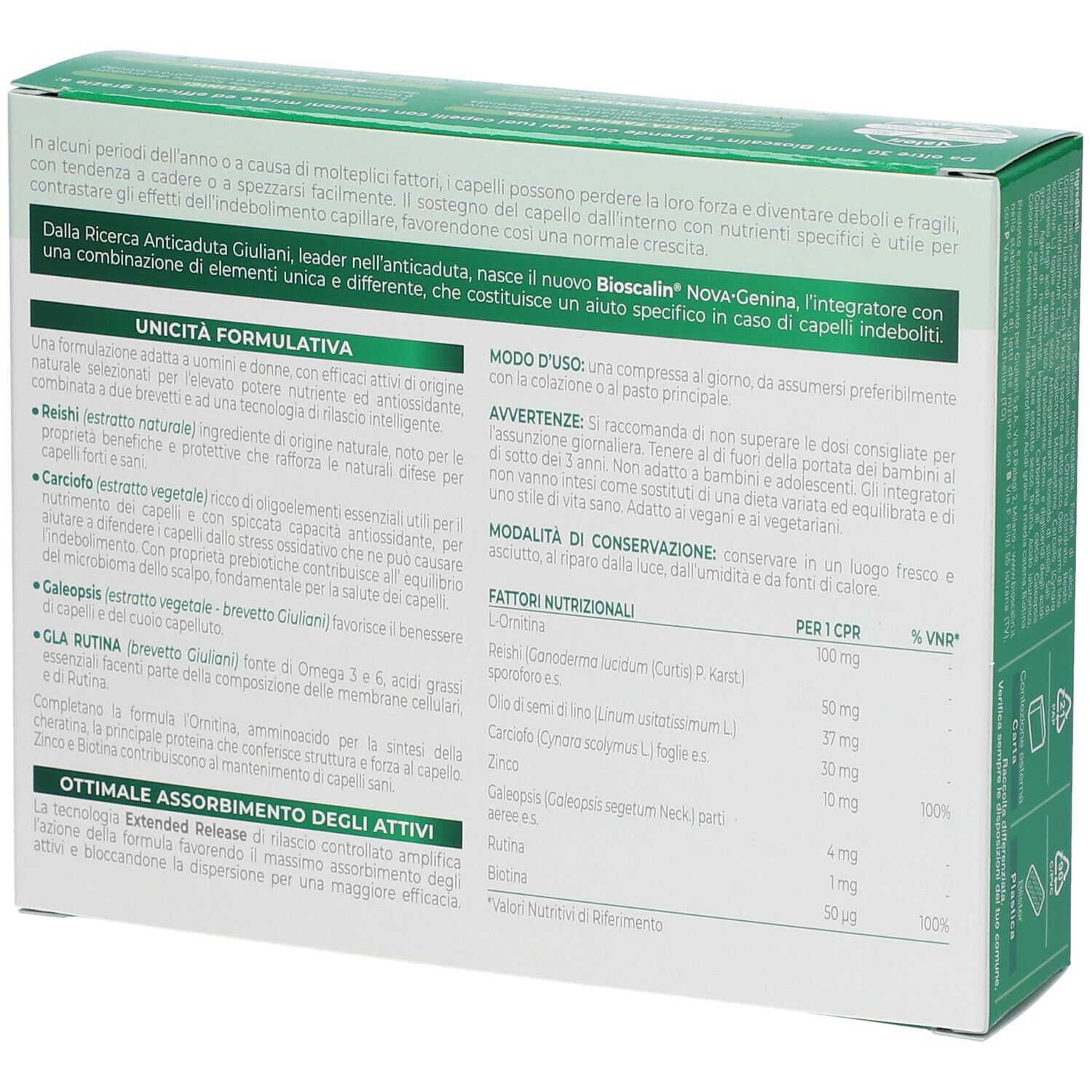 Retro della scatola Bioscalin Nova Genina. Testo con ingredienti e istruzioni per l'uso.