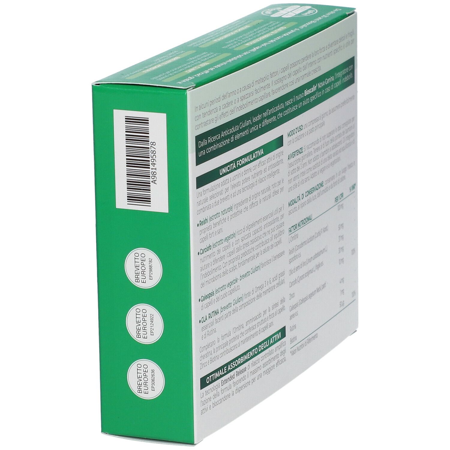 Scatola Bioscalin Nova Genina. Retro con testo e certificazioni. Vista angolare.