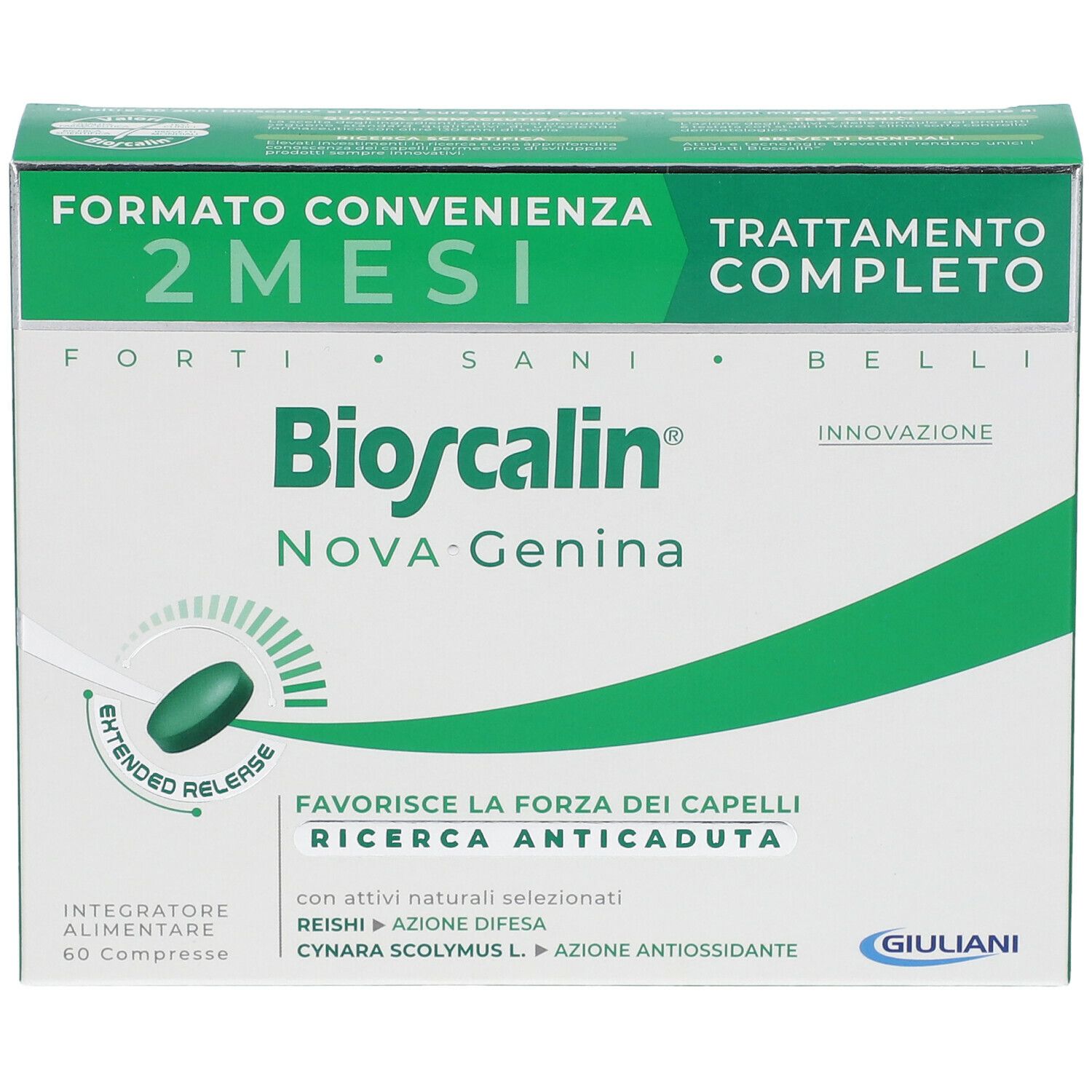 Scatola Bioscalin Nova Genina. 60 compresse. Confezione verde e bianca. Vista frontale.