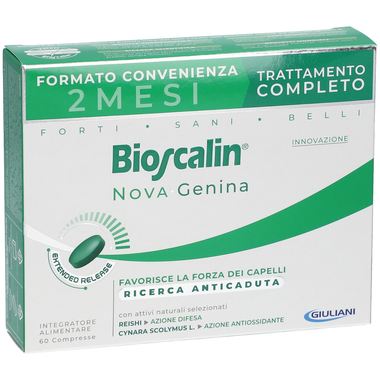 Scatola Bioscalin Nova Genina. 60 compresse. Confezione verde e bianca. Vista frontale.