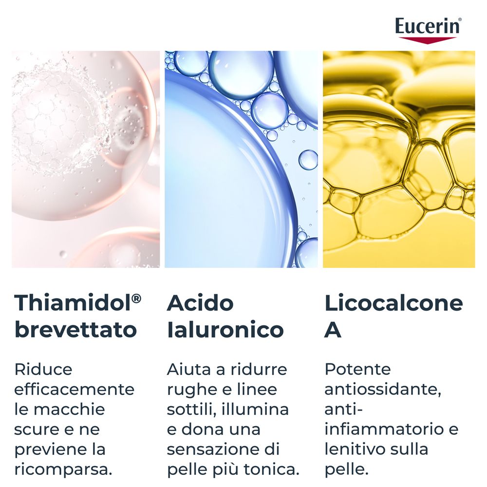 Ingredienti: Thiamidol, acido ialuronico, Licochalcone A. Testo: Benefici ed effetti. Eucerin.