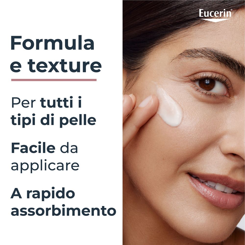Donna applica il siero. Testo: Formula e texture. Per tutti i tipi di pelle. Facile da applicare. Assorbimento rapido.