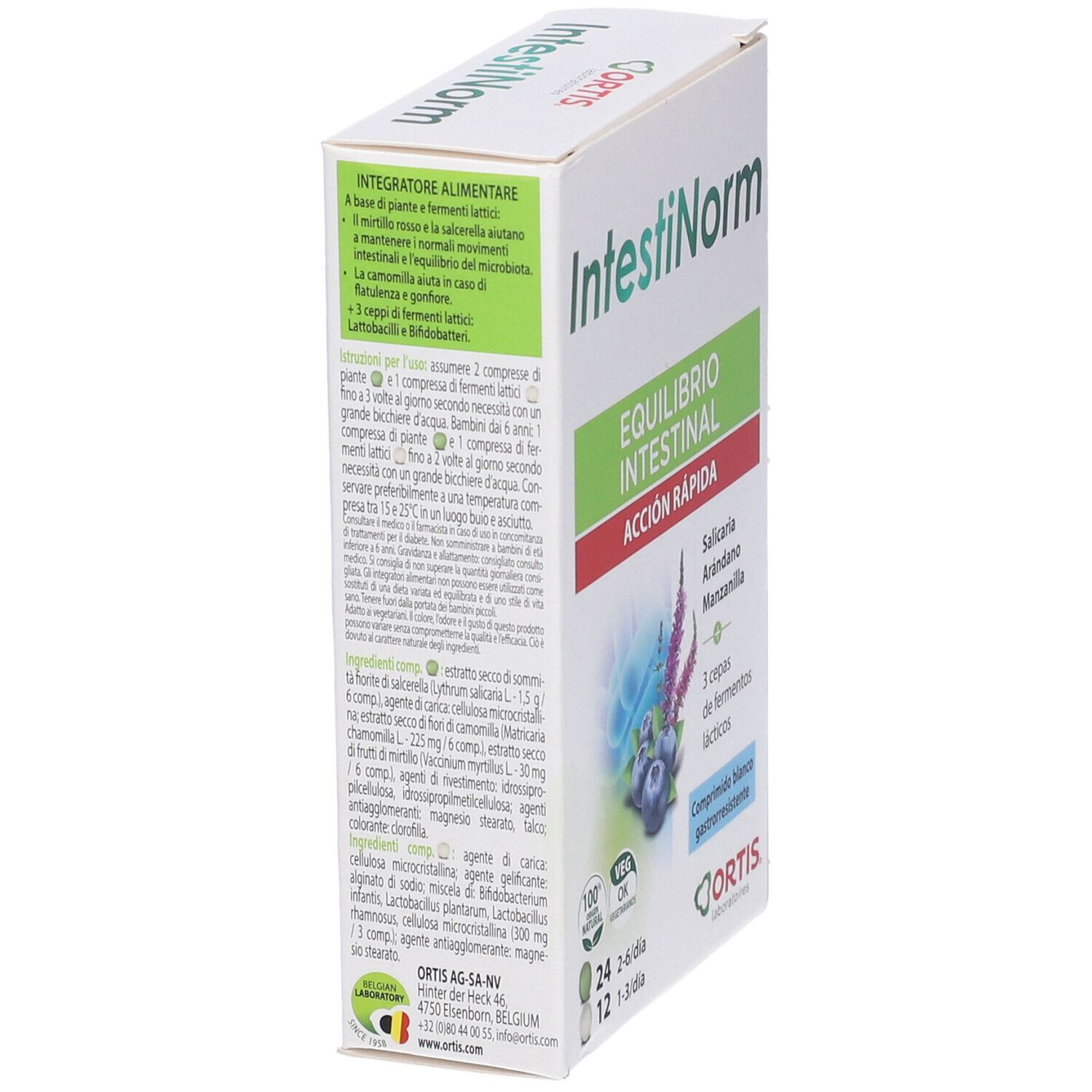 Scatola IntestiNorm. Testo: Equilibrio Intestinale, Azione Rapida. Illustrazioni di mirtilli e fiori. Logo Ortis. Compresse.