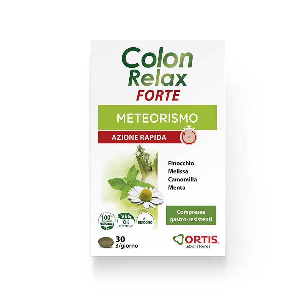 Scatola Colon Relax Forte. Confezione verde e bianca con nome e ingredienti. 30 compresse, 3/giorno. Logo Ortis.