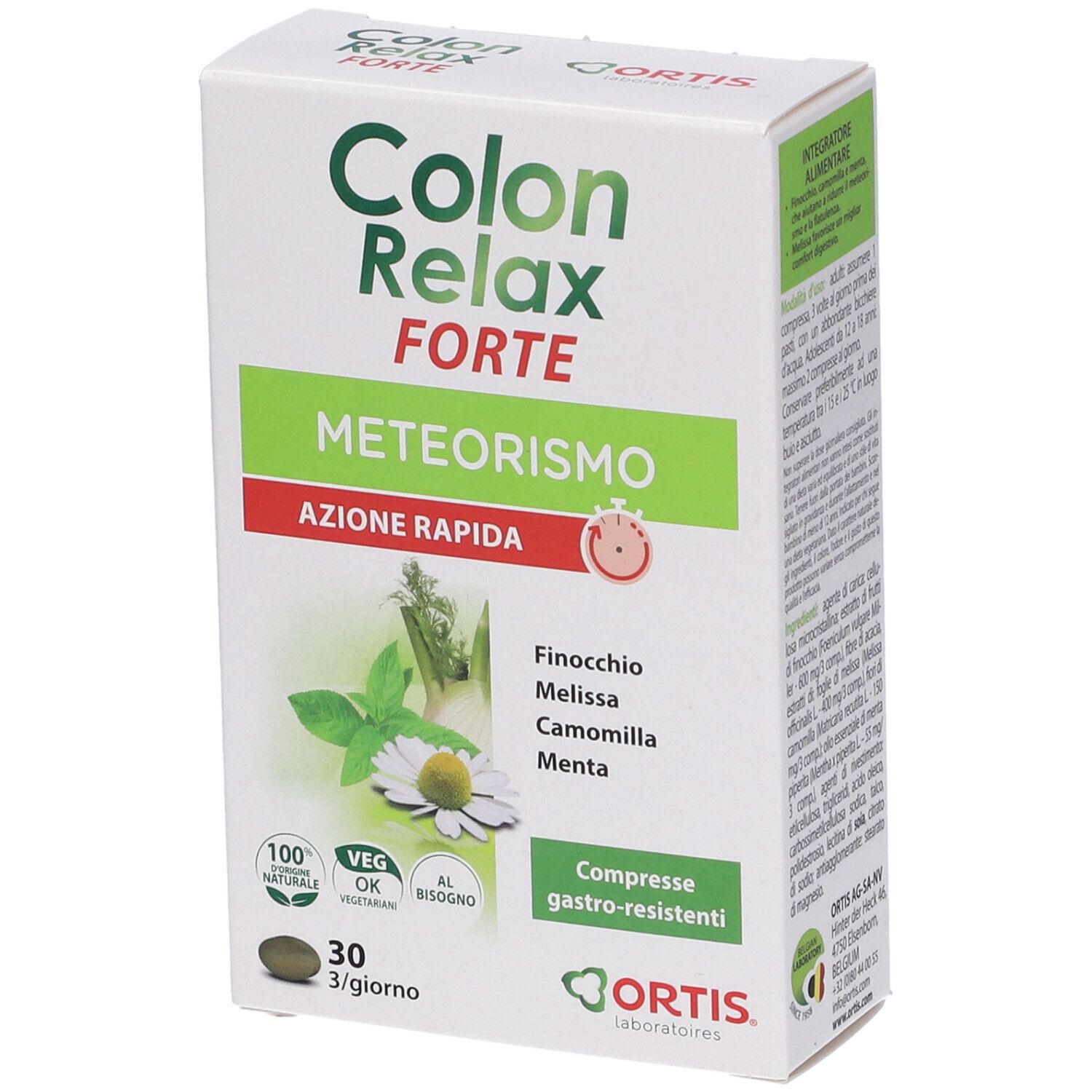 Scatola Colon Relax Forte, angolata. Nome del prodotto, ingredienti, 30 compresse. Logo Ortis. Confezione verde e bianca.