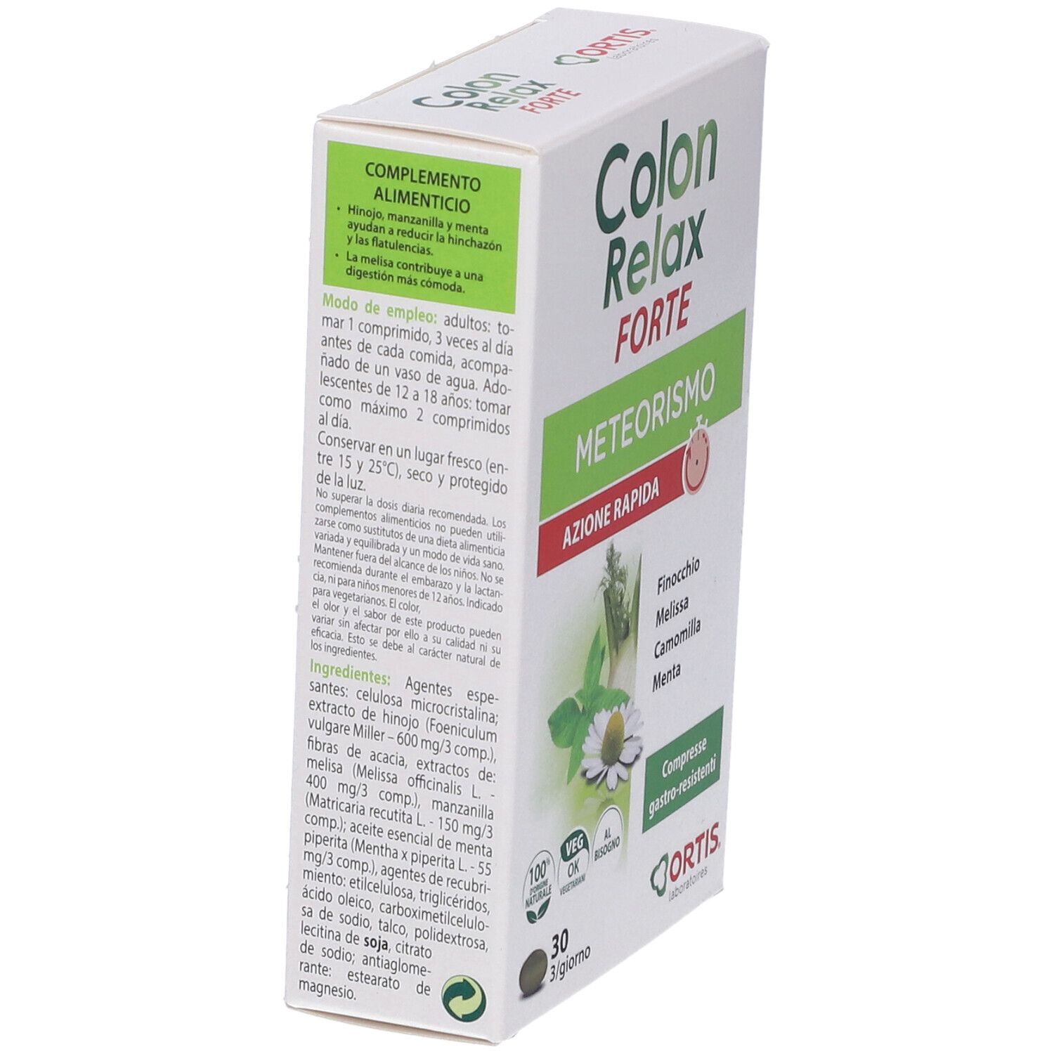 Scatola Colon Relax Forte, angolata. Nome, ingredienti, 30 compresse. Logo Ortis. Testo sul lato.