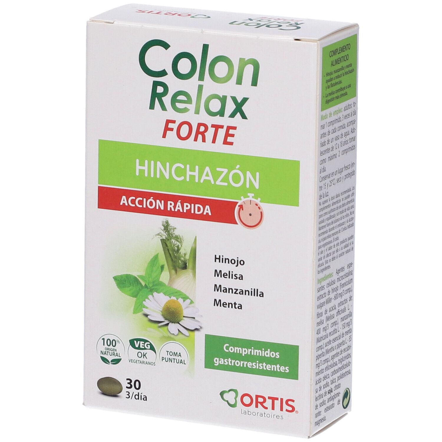 Scatola Colon Relax Forte, angolata. Nome, ingredienti, 30 compresse. Logo Ortis. Testo sul lato.