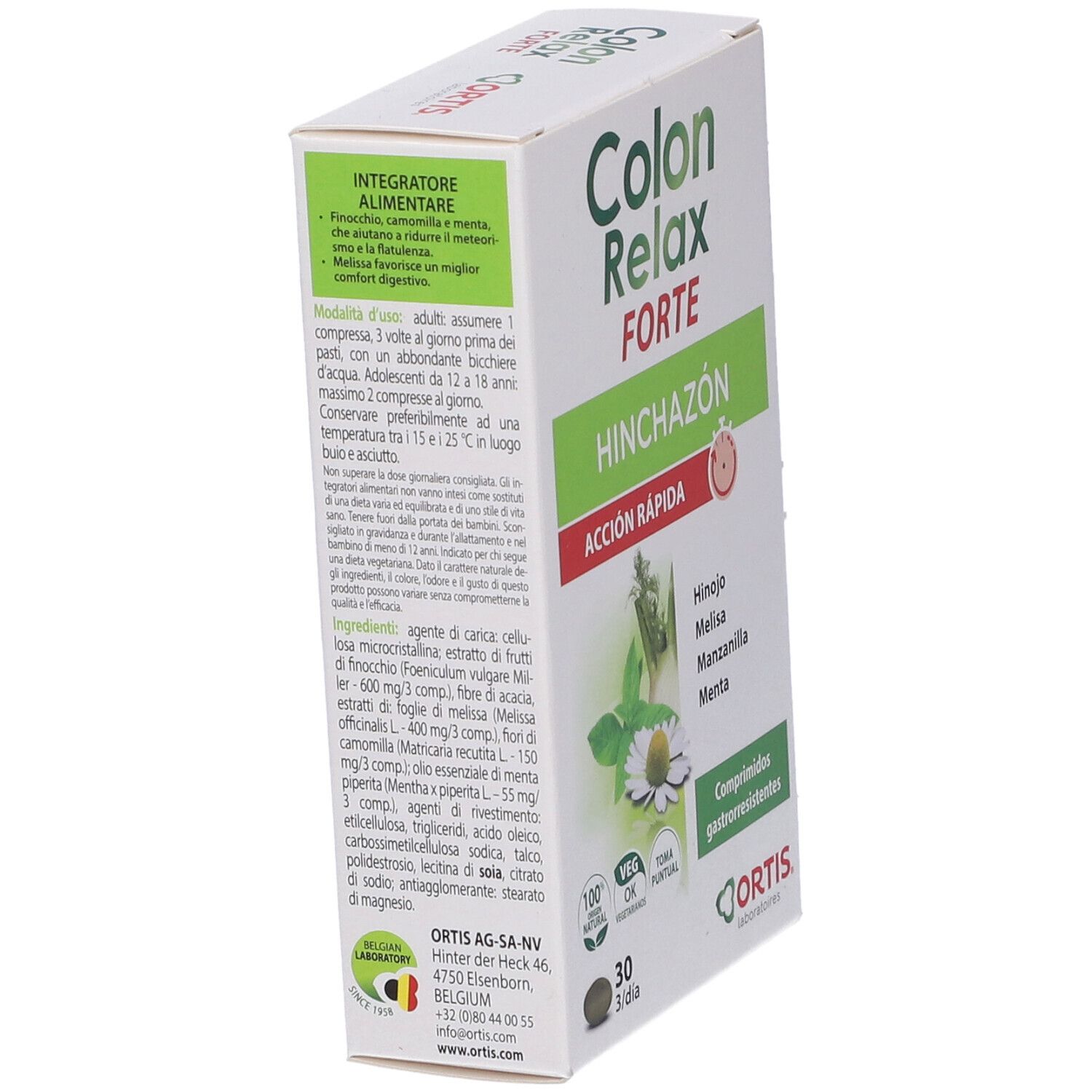Scatola Colon Relax Forte, angolata. Nome, ingredienti, 30 compresse. Logo Ortis. Testo sul lato.
