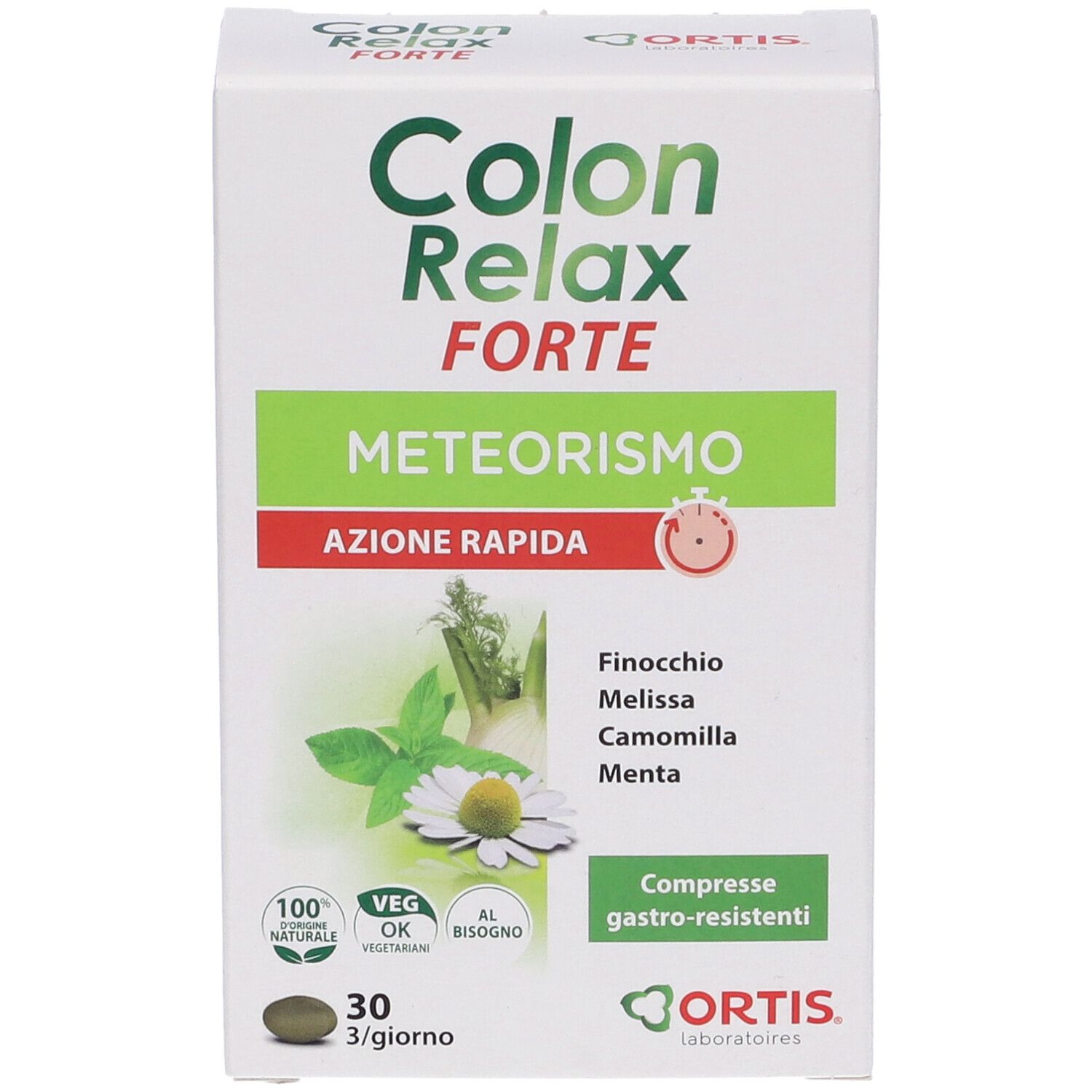Scatola Colon Relax Forte, angolata. Nome, ingredienti, 30 compresse. Logo Ortis. Testo sul lato.