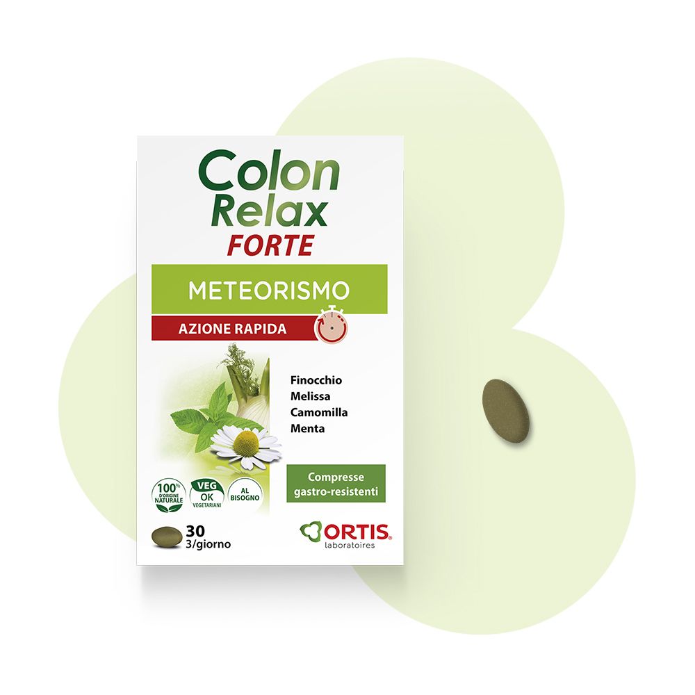 Confezione Colon Relax Forte con cerchi verdi sullo sfondo. Nome del prodotto, ingredienti e 30 compresse.