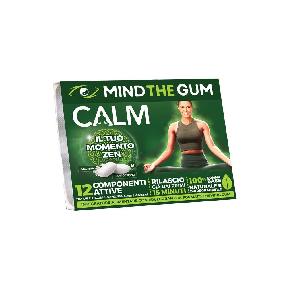 Confezione di "Mind The Gum Calm". Verde e bianca. Contiene 12 componenti attivi. Immagine di una donna.