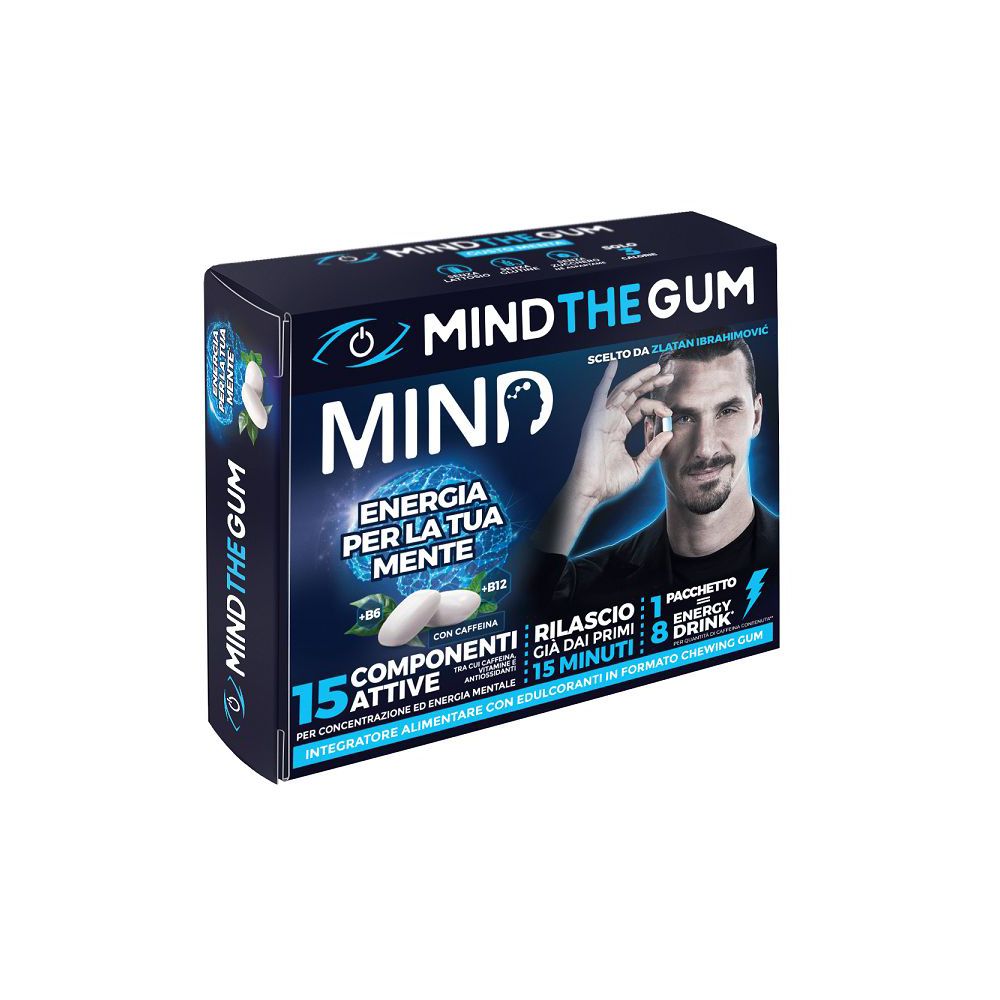 Scatola Mind The Gum. Scritto: Mind The Gum Mind, 15 componenti attivi, energia per la tua mente. Con Zlatan Ibrahimović.