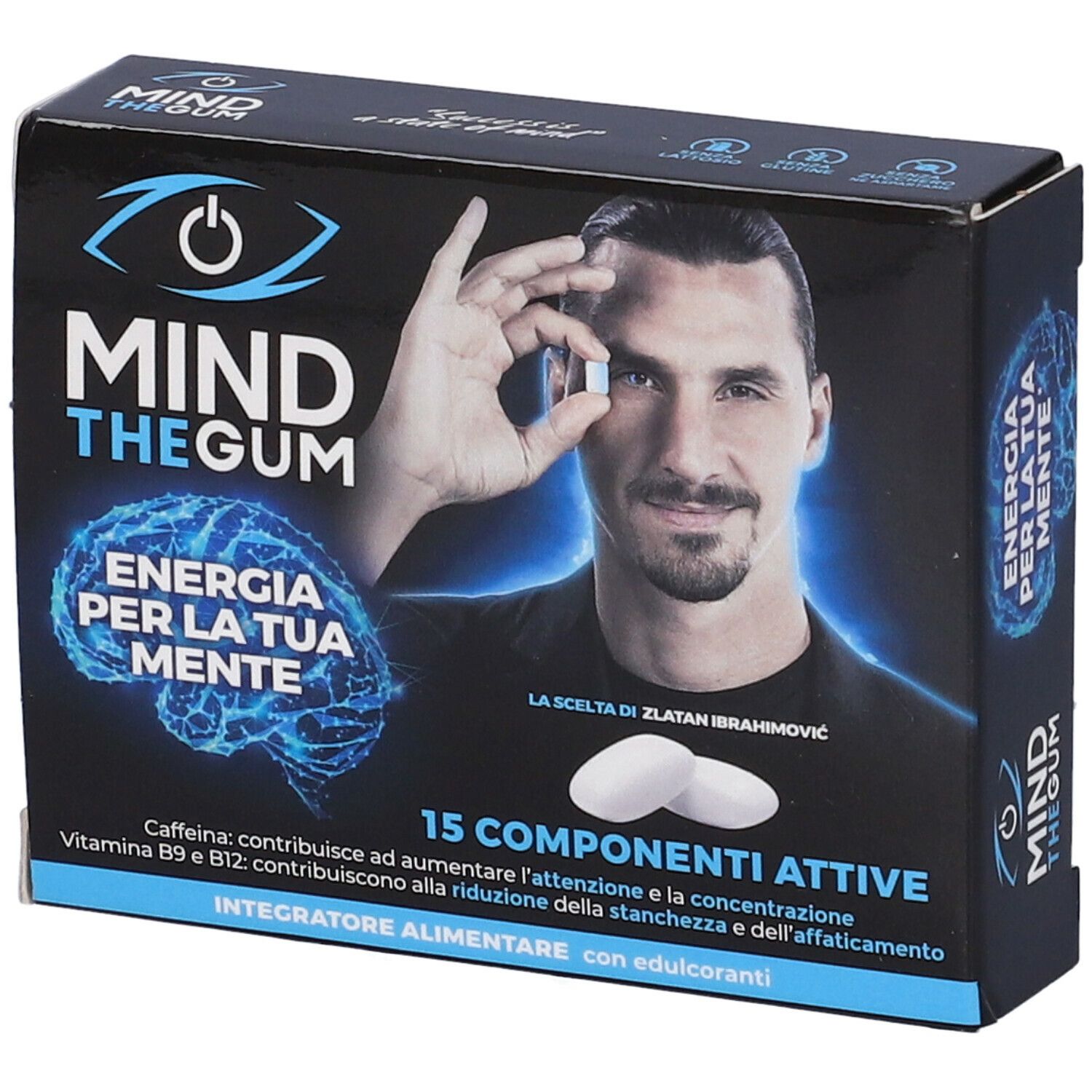 Scatola Mind The Gum con Zlatan Ibrahimović. Scritto: Mind The Gum Mind, energia per la tua mente, 15 componenti attivi. Gomma da masticare.