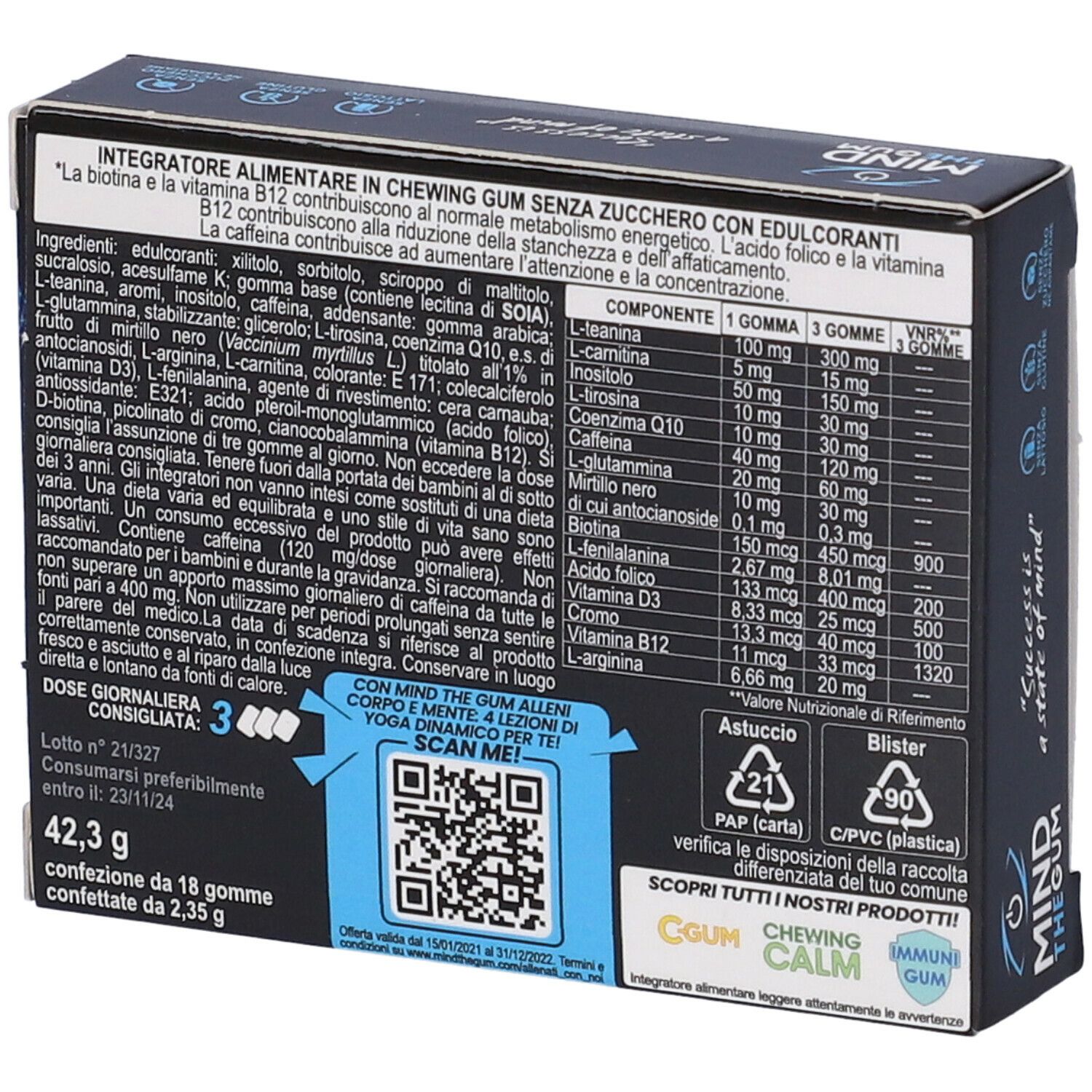 Retro della scatola Mind The Gum. Contiene informazioni nutrizionali, ingredienti e codice QR. Gomma senza zucchero.