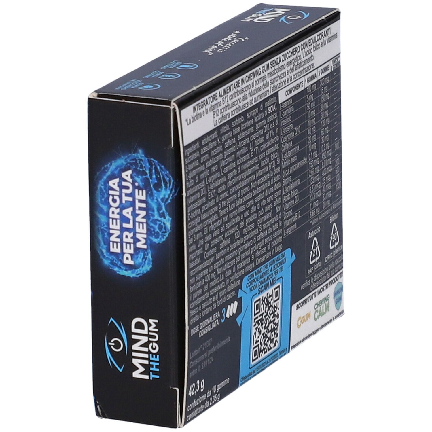 Vista laterale della scatola Mind The Gum. Contiene informazioni nutrizionali, ingredienti e codice QR. Gomma senza zucchero.