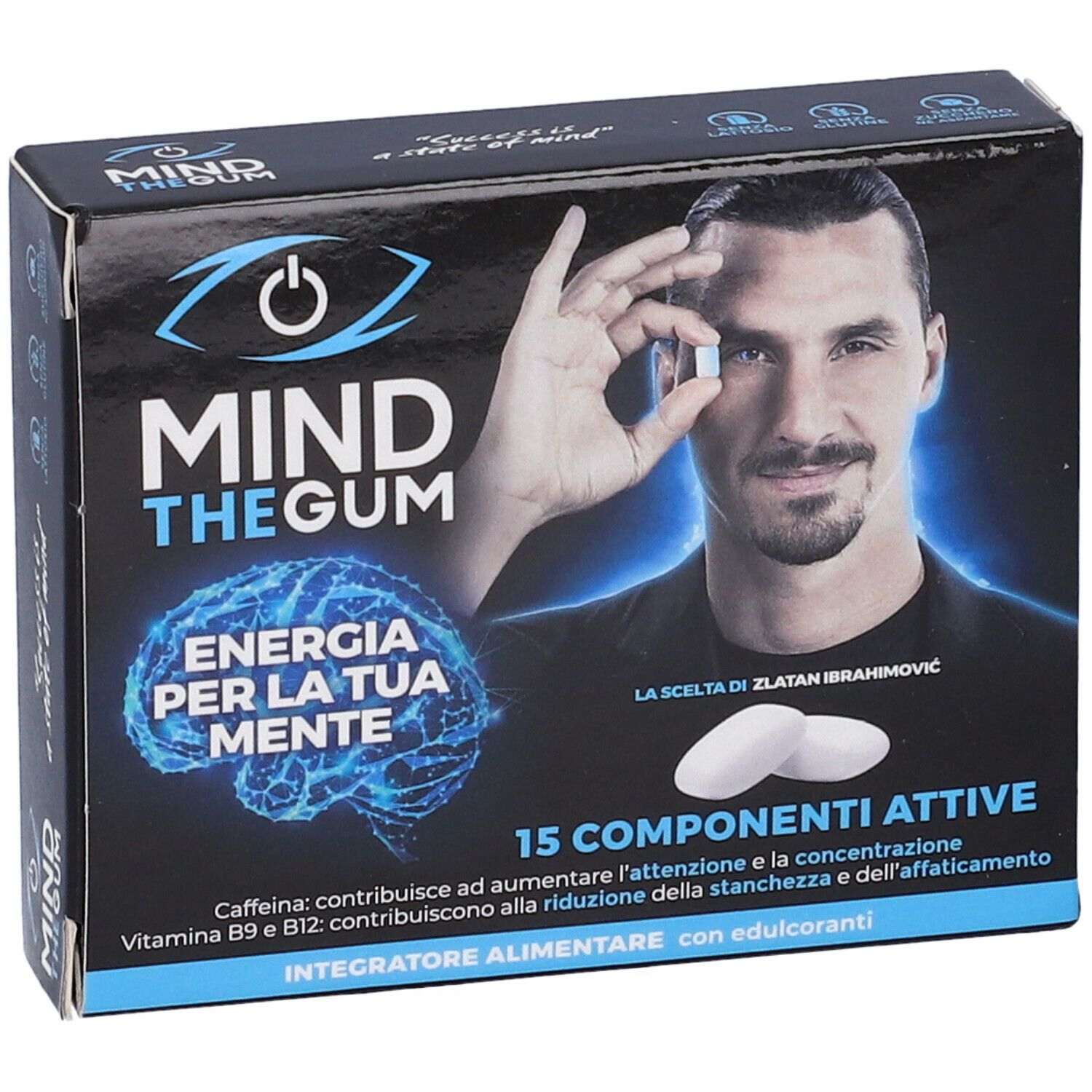 Scatola Mind The Gum con Zlatan Ibrahimović. Scritto: Mind The Gum Mind, energia per la tua mente, 15 componenti attivi. Gomma da masticare.