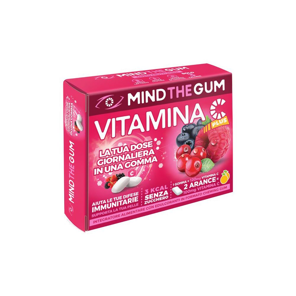 Scatola rosa MIND THE GUM VITAMINA C PLUS. Illustrazione di frutta. Contiene 18 gomme senza zucchero.
